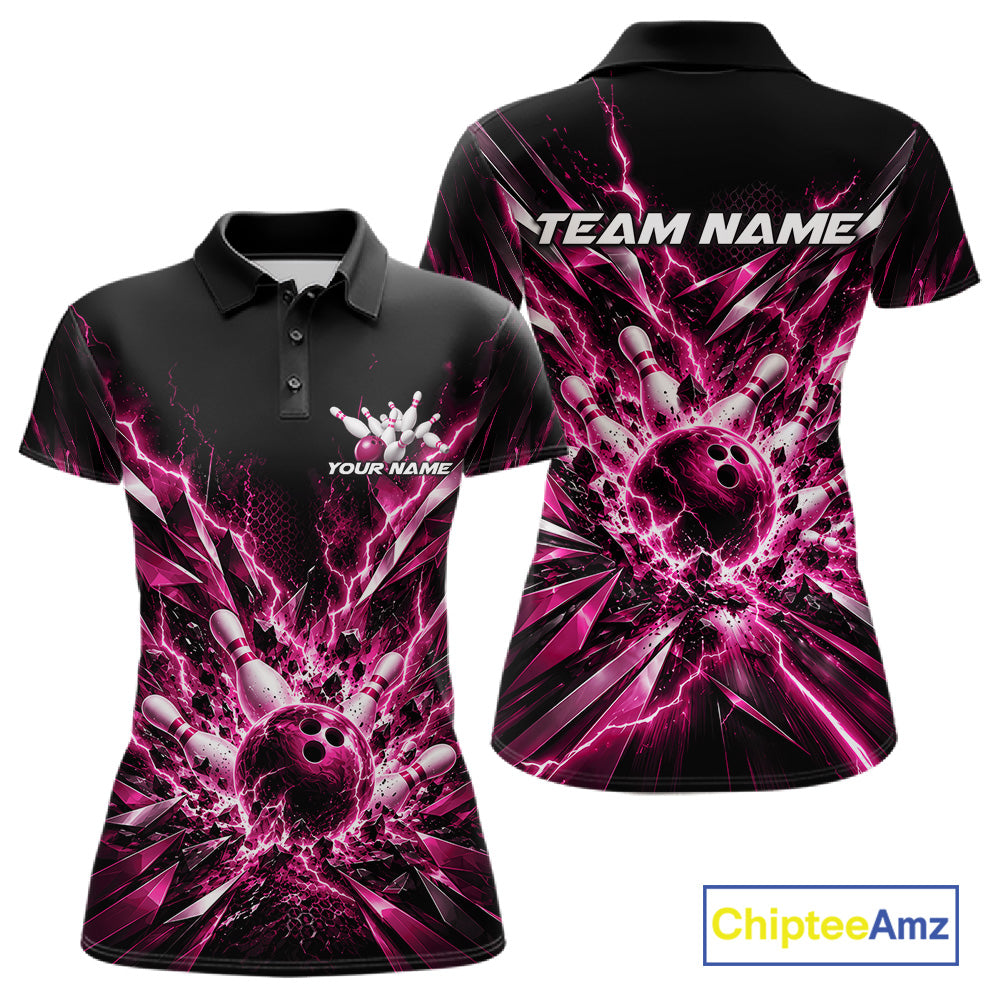 Custom Black And Pink Lightning Bowling Tournament Jersey, Bowling Team Women Polo Shirt IPHW12361