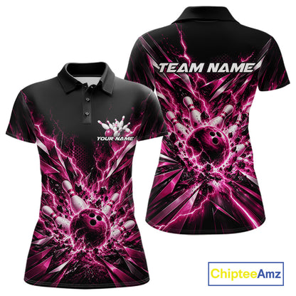 Custom Black And Pink Lightning Bowling Tournament Jersey, Bowling Team Women Polo Shirt IPHW12361
