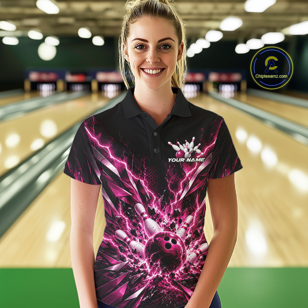 Custom Black And Pink Lightning Bowling Tournament Jersey, Bowling Team Women Polo Shirt IPHW12361