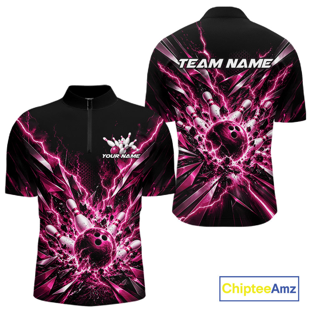 Custom Black And Pink Lightning Bowling Tournament Jersey, Bowling Team Men Quarter Zip Shirt IPHW12361