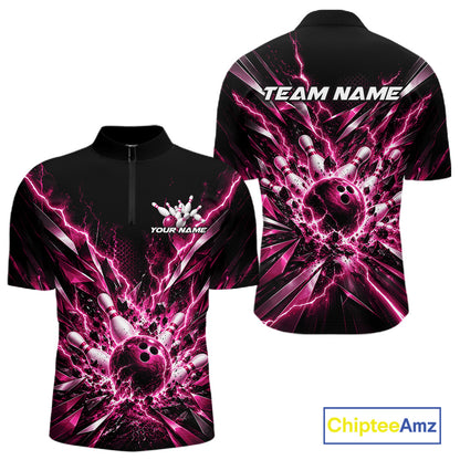 Custom Black And Pink Lightning Bowling Tournament Jersey, Bowling Team Men Quarter Zip Shirt IPHW12361