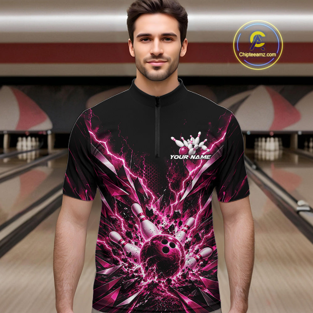 Custom Black And Pink Lightning Bowling Tournament Jersey, Bowling Team Men Quarter Zip Shirt IPHW12361
