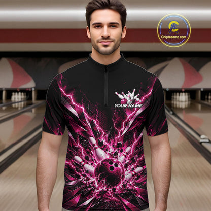 Custom Black And Pink Lightning Bowling Tournament Jersey, Bowling Team Men Quarter Zip Shirt IPHW12361