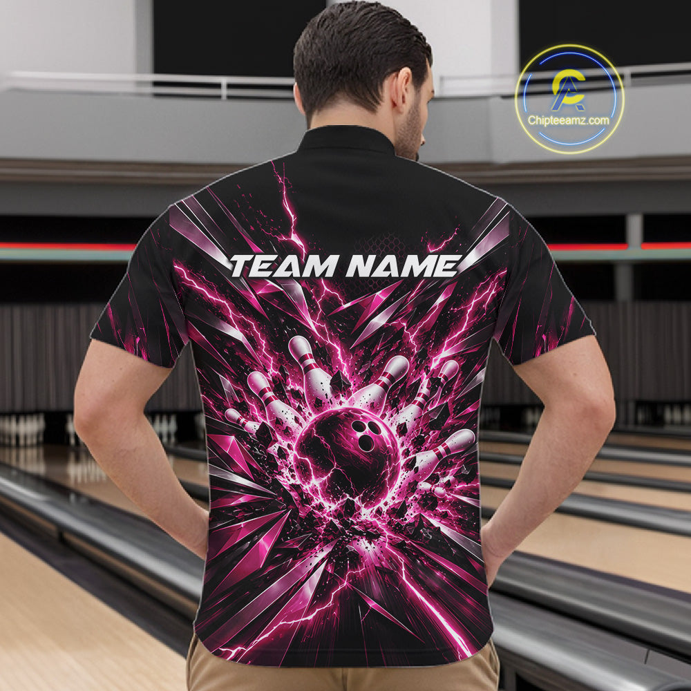 Custom Black And Pink Lightning Bowling Tournament Jersey, Bowling Team Men Quarter Zip Shirt IPHW12361