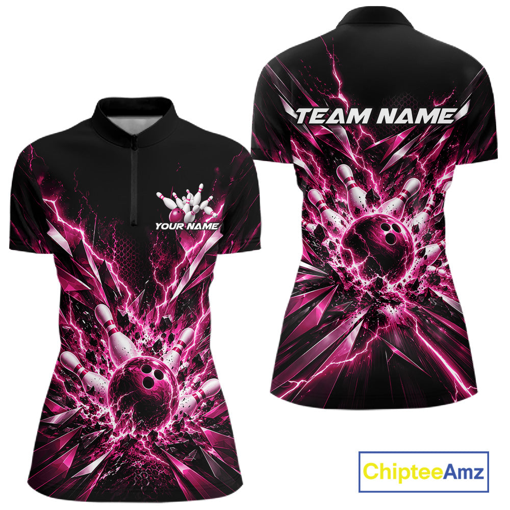 Custom Black And Pink Lightning Bowling Tournament Jersey, Bowling Team Women Shirt IPHW12361