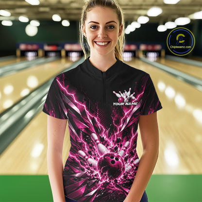 Custom Black And Pink Lightning Bowling Tournament Jersey, Bowling Team Women Shirt IPHW12361