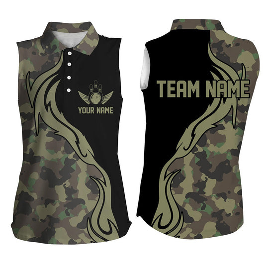 Custom Flame Bowling Shirts For Women, Ladies Sleeveless Camo Bowling Shirts Outfit Bowling IPHW5515