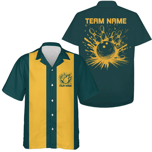 Custom Green And Yellow Striking Bowling Polo Shirts For Men And Women, Classic Vintage Bowling Shirts IPHW8285