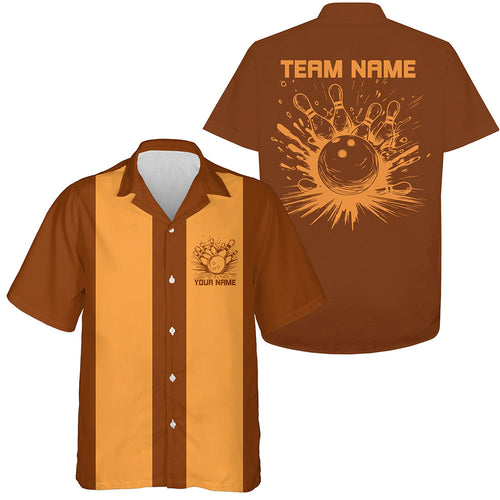 Custom Brown And Orange Striking Bowling Polo Shirts For Men And Women, Classic Vintage Bowling Shirts IPHW8289