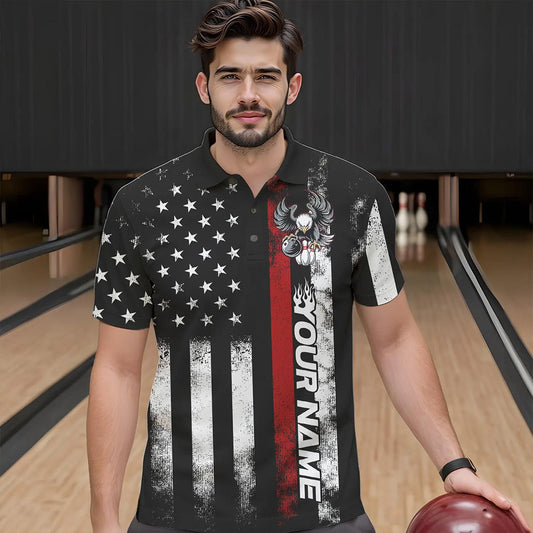 Custom Red Thin Line American Flag Eagle Bowling Men Polo Shirts, Patriotic US Bowling Shirt IPHW8736