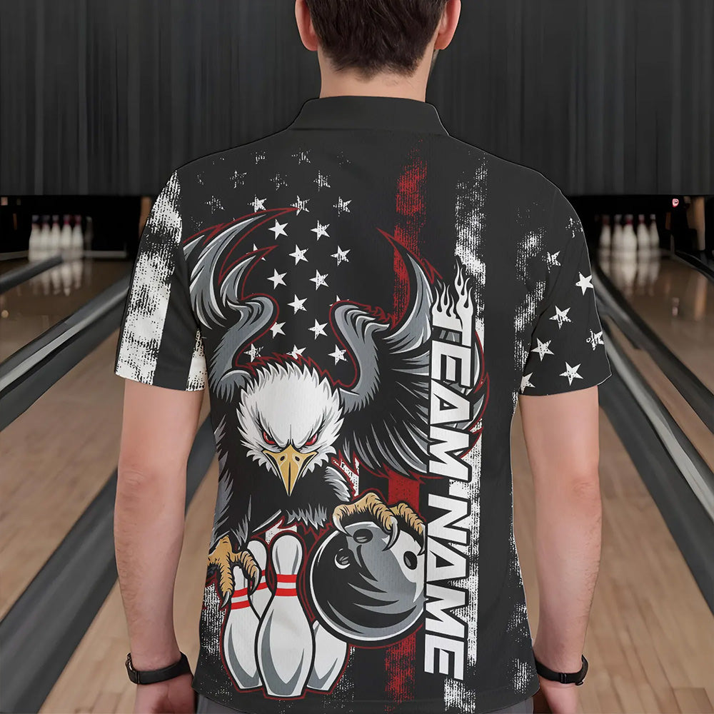 Custom Red Thin Line American Flag Eagle Bowling Men Polo Shirts, Patriotic US Bowling Shirt IPHW8736