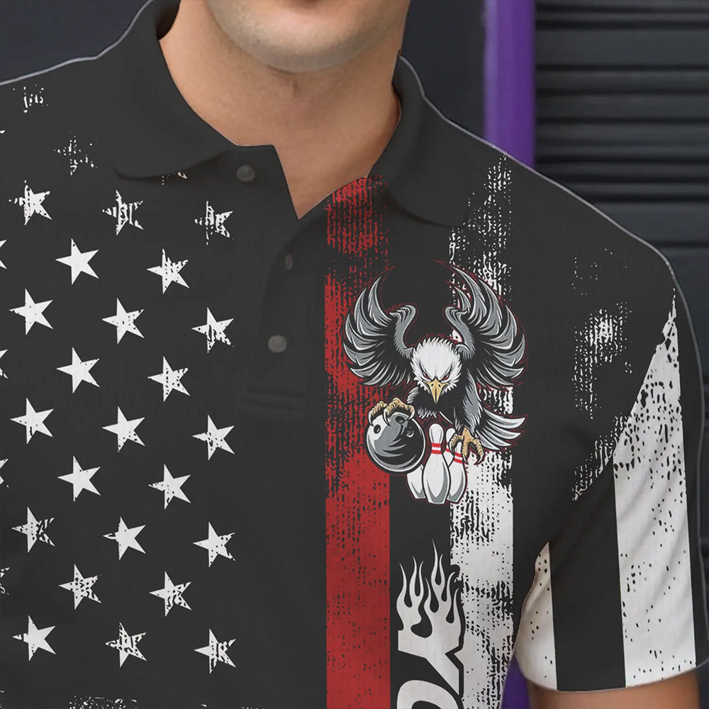 Custom Red Thin Line American Flag Eagle Bowling Men Polo Shirts, Patriotic US Bowling Shirt IPHW8736