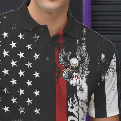 Custom Red Thin Line American Flag Eagle Bowling Men Polo Shirts, Patriotic US Bowling Shirt IPHW8736