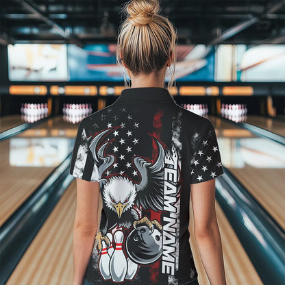 Custom Red Thin Line American Flag Eagle Bowling Women Polo Shirts, Patriotic US Bowling IPHW8736