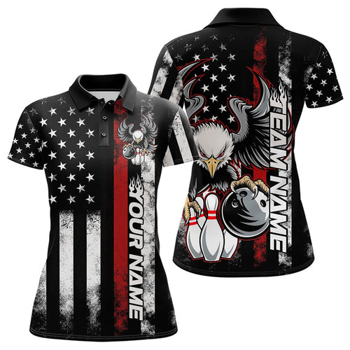 Custom Red Thin Line American Flag Eagle Bowling Women Polo Shirts, Patriotic US Bowling IPHW8736
