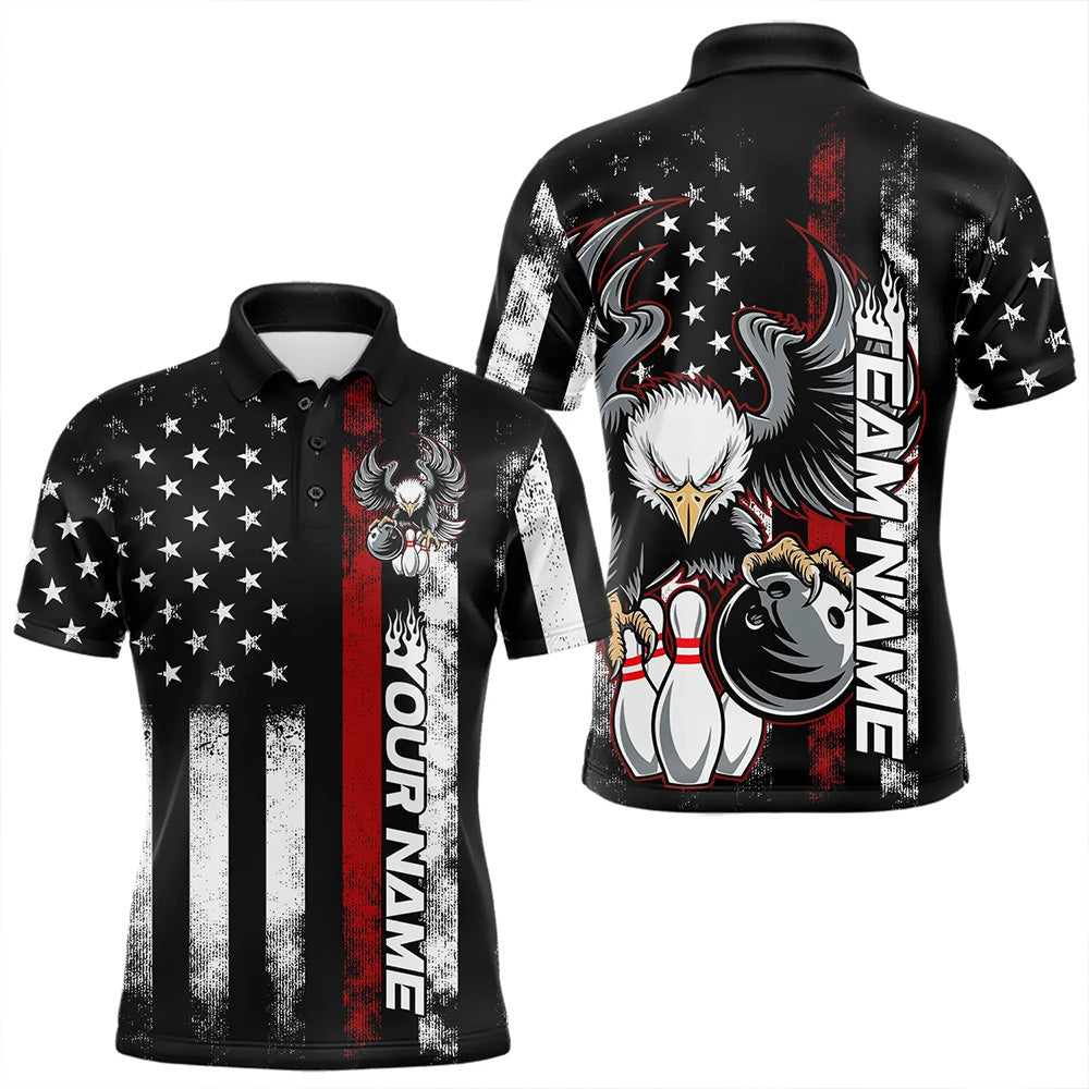 Custom Red Thin Line American Flag Eagle Bowling Men Polo Shirts, Patriotic US Bowling Shirt IPHW8736