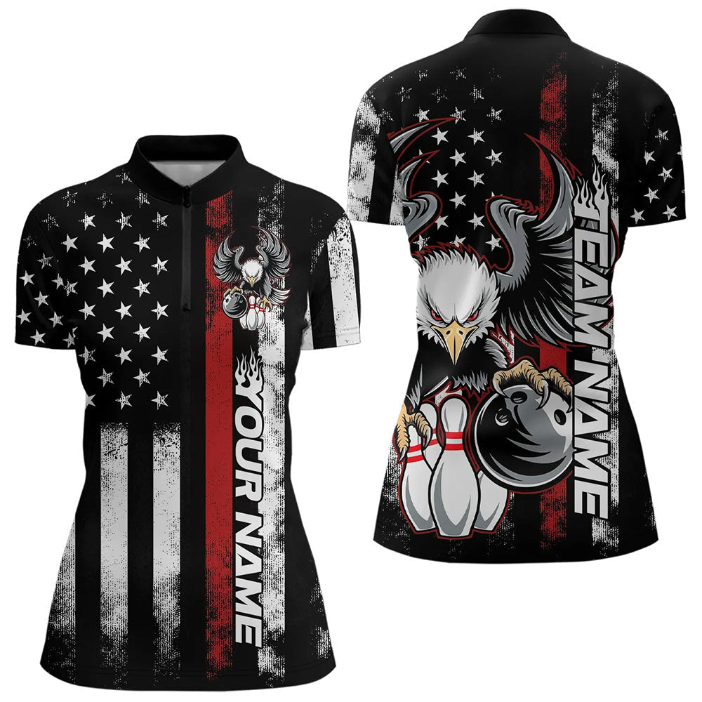 Custom Red Thin Line American Flag Eagle Bowling Women Quarter-Zip Shirt, Patriotic Bowling IPHW8736