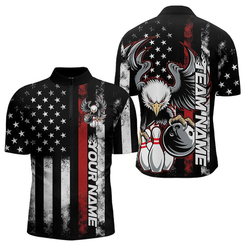 Custom Red Thin Line American Flag Eagle Bowling Men Quarter-Zip Shirts, Patriotic US Bowling Shirt IPHW8736