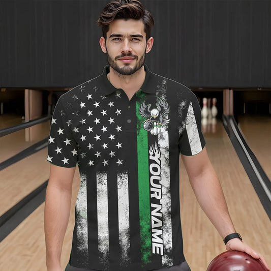 Custom Green Thin Line American Flag Eagle Bowling Men Polo Shirts, Patriotic US Bowling Shirt IPHW8737
