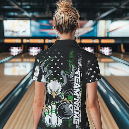 Custom Green Thin Line American Flag Eagle Bowling Women Polo Shirts, Patriotic US Bowling IPHW8737