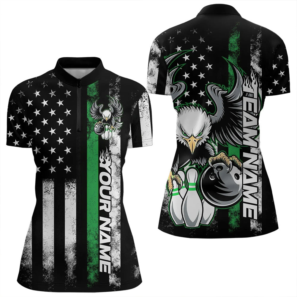 Custom Green Line American Flag Eagle Bowling Women Quarter-Zip Shirt, Patriotic Bowling IPHW8737