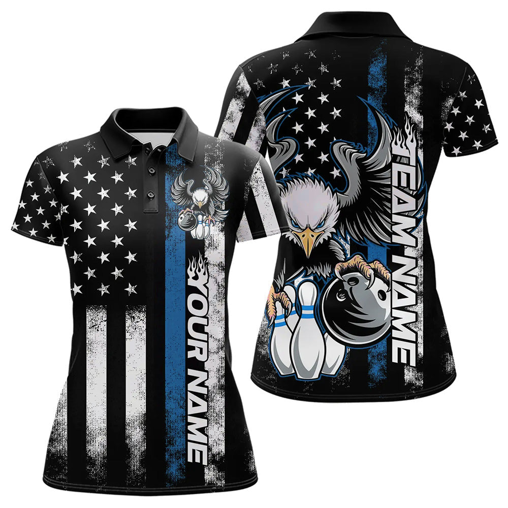 Custom Blue Thin Line American Flag Eagle Bowling Women Polo Shirts, Patriotic US Bowling IPHW8738