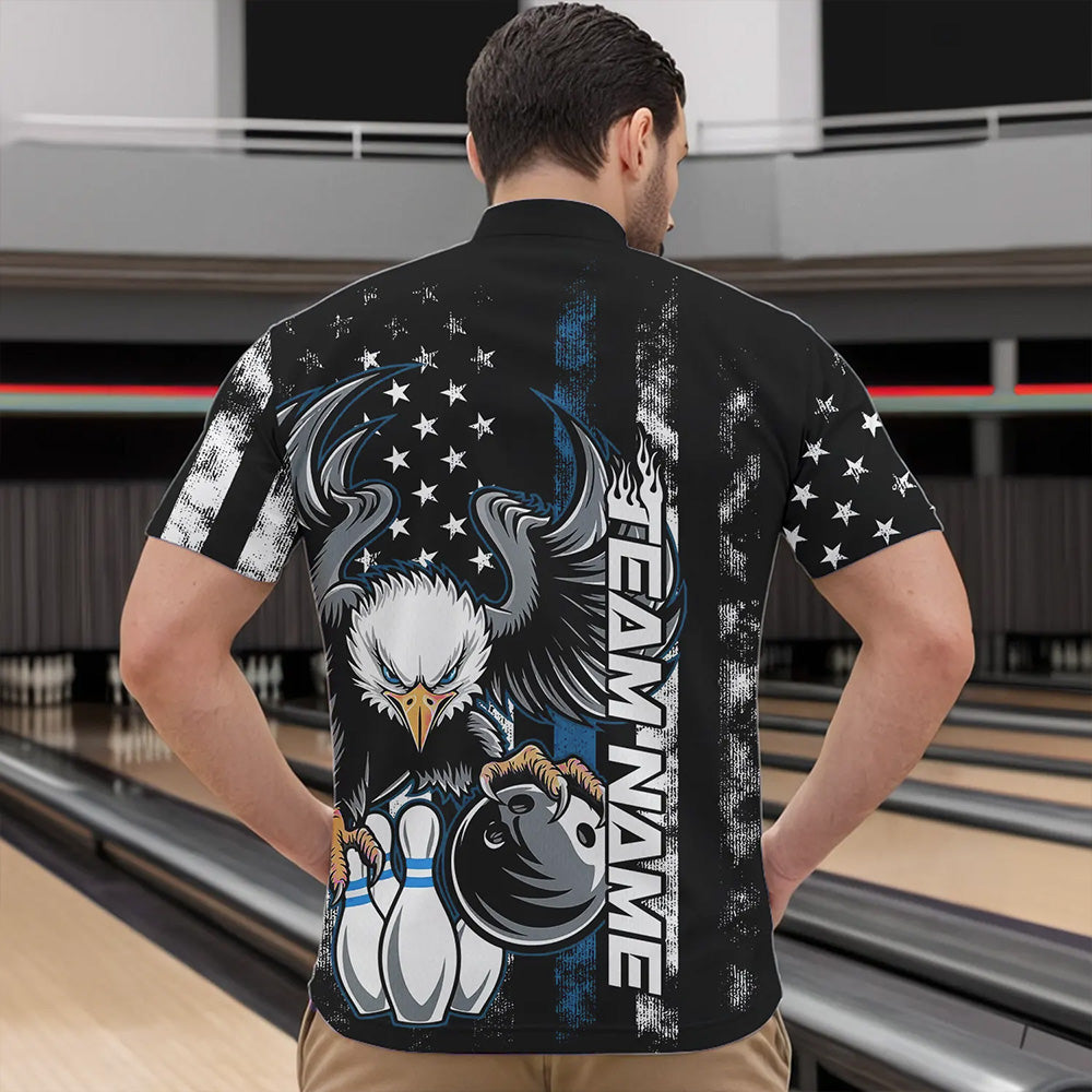 Custom Blue Thin Line American Flag Eagle Bowling Men Quarter-Zip Shirts, Patriotic US Bowling IPHW8738