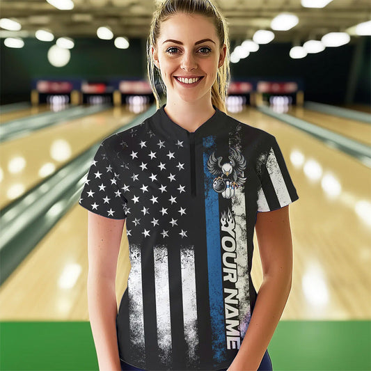 Custom Blue Line American Flag Eagle Bowling Women Quarter-Zip Shirt, Patriotic Bowling IPHW8738