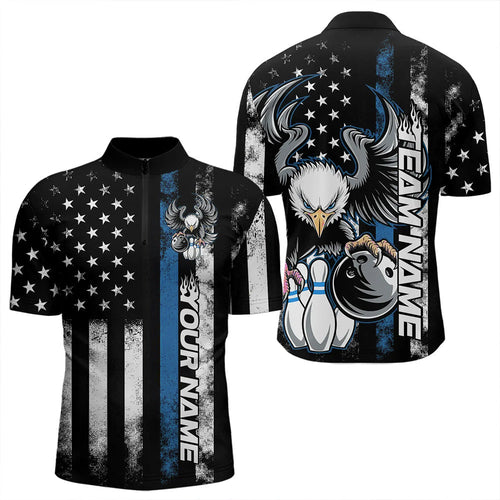 Custom Blue Thin Line American Flag Eagle Bowling Men Quarter-Zip Shirts, Patriotic US Bowling IPHW8738