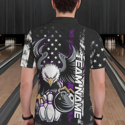 Custom Purple Thin Line American Flag Eagle Bowling Men Polo Shirts, Patriotic US Bowling Shirt IPHW8739
