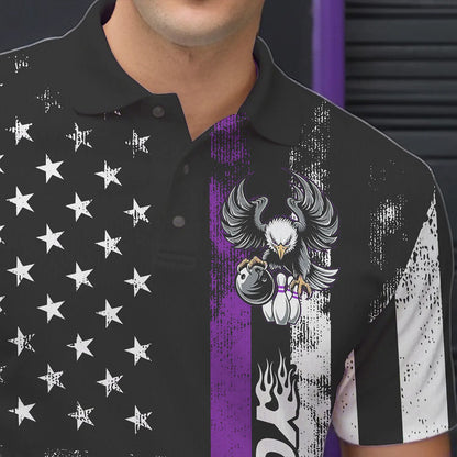Custom Purple Thin Line American Flag Eagle Bowling Men Polo Shirts, Patriotic US Bowling Shirt IPHW8739