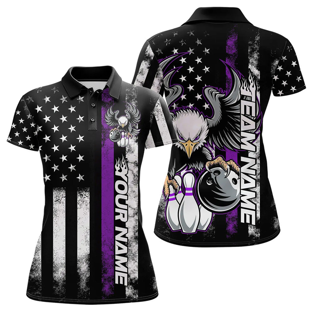 Custom Purple Thin Line American Flag Eagle Bowling Women Polo Shirts, Patriotic US Bowling IPHW8739