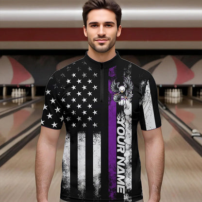 Custom Purple Thin Line American Flag Eagle Bowling Men Quarter-Zip Shirts, Patriotic US Bowling IPHW8739