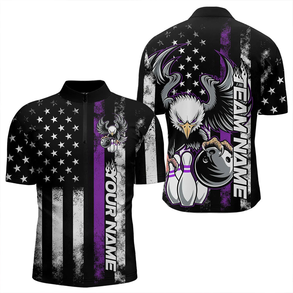 Custom Purple Thin Line American Flag Eagle Bowling Men Quarter-Zip Shirts, Patriotic US Bowling IPHW8739