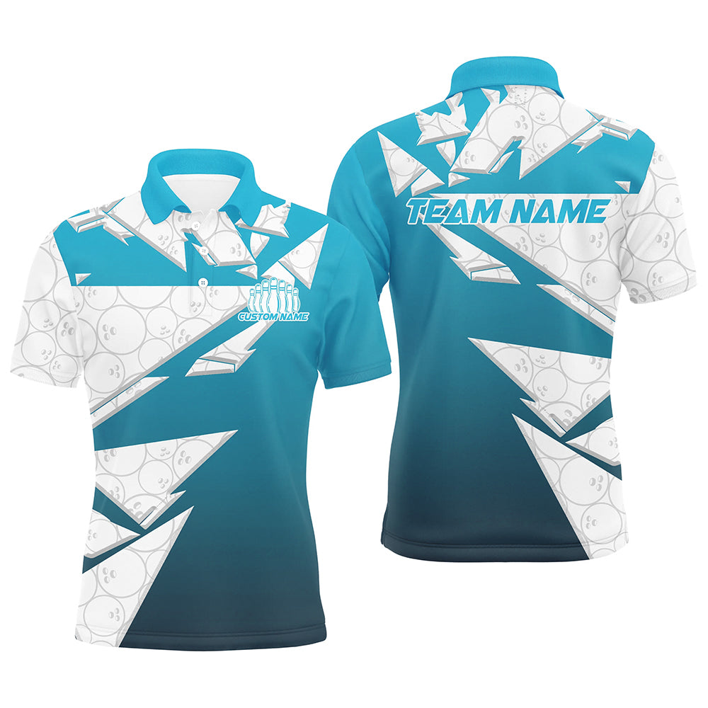 Custom White And Blue Bowling Team Polo Shirts For Men, Bowling Ball Pattern Bowlers Outfit IPHW8741