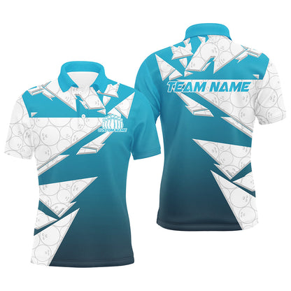 Custom White And Blue Bowling Team Polo Shirts For Men, Bowling Ball Pattern Bowlers Outfit IPHW8741