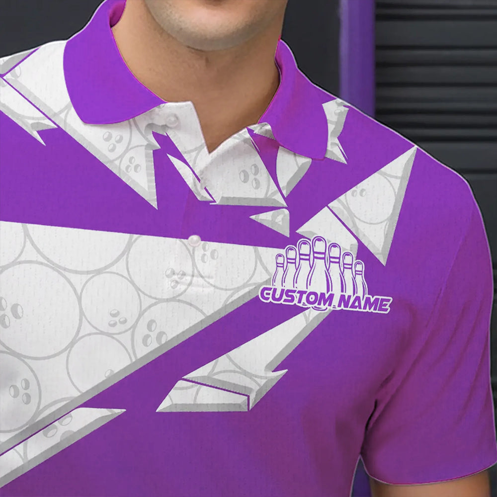 Custom White And Purple Bowling Team Polo Shirts For Men, Bowling Ball Pattern Bowlers Outfit IPHW8742