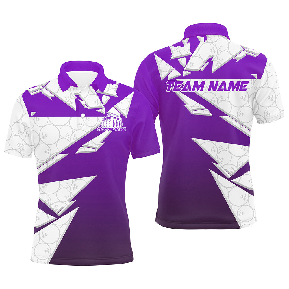 Custom White And Purple Bowling Team Polo Shirts For Men, Bowling Ball Pattern Bowlers Outfit IPHW8742