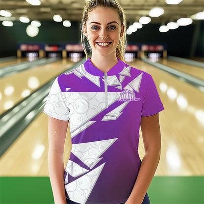 Custom White And Purple Bowling Team Women Quarter-Zip Shirt, Bowling Ball Pattern Outfit IPHW8742