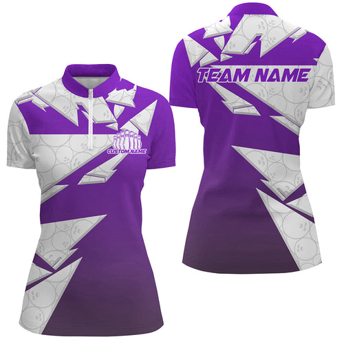 Custom White And Purple Bowling Team Women Quarter-Zip Shirt, Bowling Ball Pattern Outfit IPHW8742