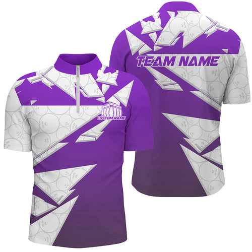 Custom White And Purple Bowling Team Men Quarter-Zip Shirts, Bowling Ball Pattern Bowlers Outfit IPHW8742
