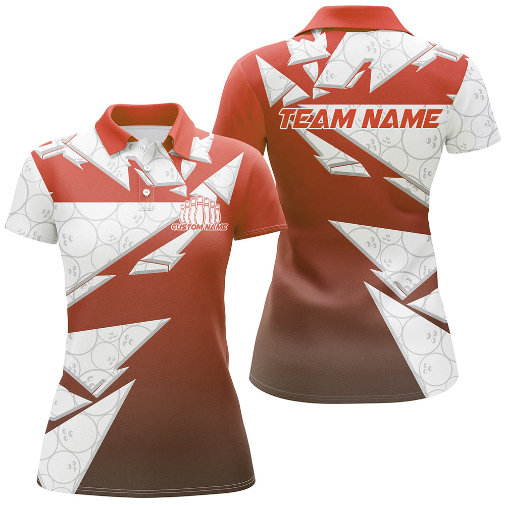 Custom White And Orange Bowling Team Womens Polo Shirt, Bowling Ball Pattern Bowlers Outfit IPHW8743