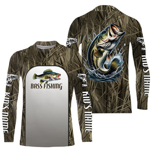 Largemouth Bass Fishing Grass Camo Custom Long Sleeve Fishing Shirts, Bass Tournament Fishing Jersey IPHW6246