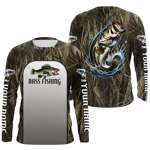 Largemouth Bass Fishing Grass Camo Custom Long Sleeve Fishing Shirts, Bass Tournament Fishing Jersey IPHW6246