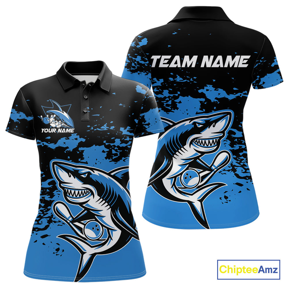 Custom Black And Blue Camo Shark Bowling Team Women Polo Shirts, Bowling Tournament Shirt IPHW8996