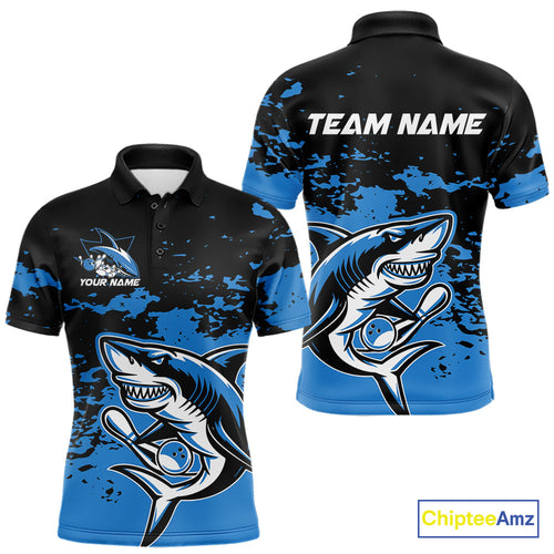 Custom Black And Blue Camo Shark Bowling Team Men Polo Shirts, Bowling Tournament Shirt IPHW8996