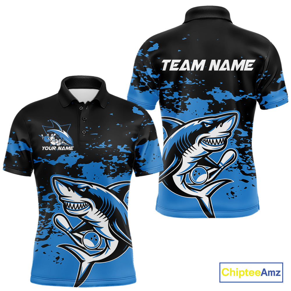 Custom Black And Blue Camo Shark Bowling Team Men Polo Shirts, Bowling Tournament Shirt IPHW8996