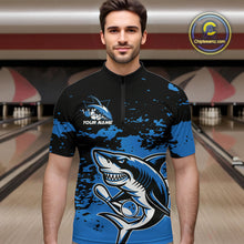 Load image into Gallery viewer, Custom Black And Blue Camo Shark Bowling Team Men Quarter-Zip Shirts, Bowling Tournament Shirt IPHW8996