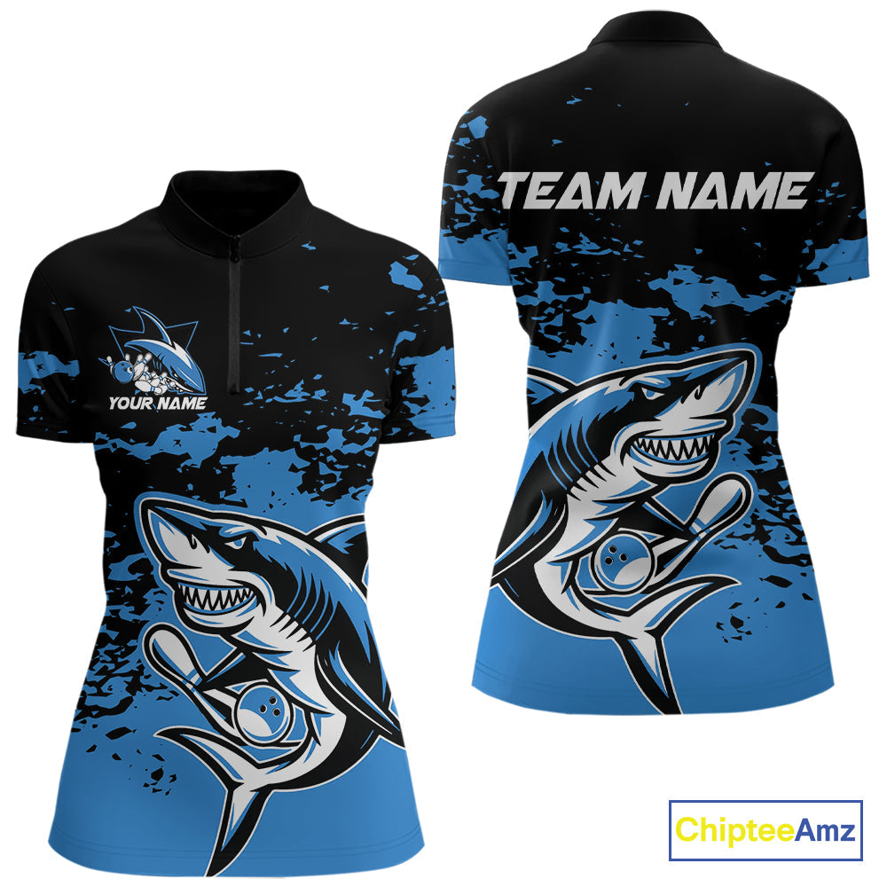 Custom Black And Blue Camo Shark Bowling Women Quarter-Zip Shirt, Tournament Shirt IPHW8996