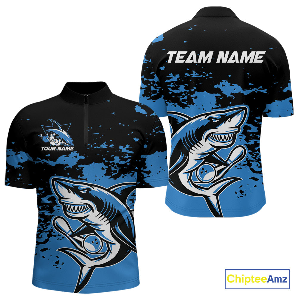 Custom Black And Blue Camo Shark Bowling Team Men Quarter-Zip Shirts, Bowling Tournament Shirt IPHW8996